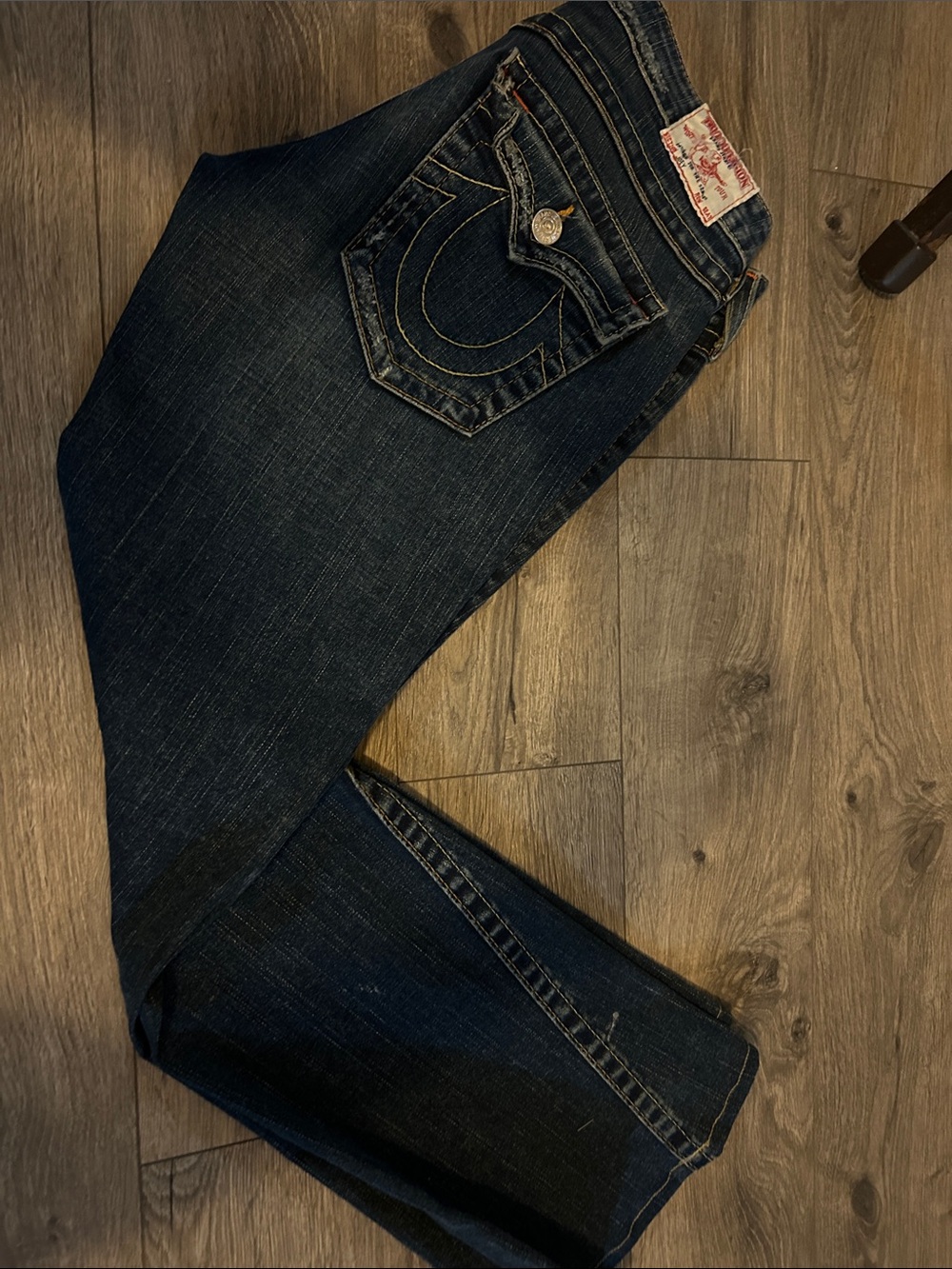 True Religion Dark Blue Straight Leg Jeans with Embroidered Back Pocket